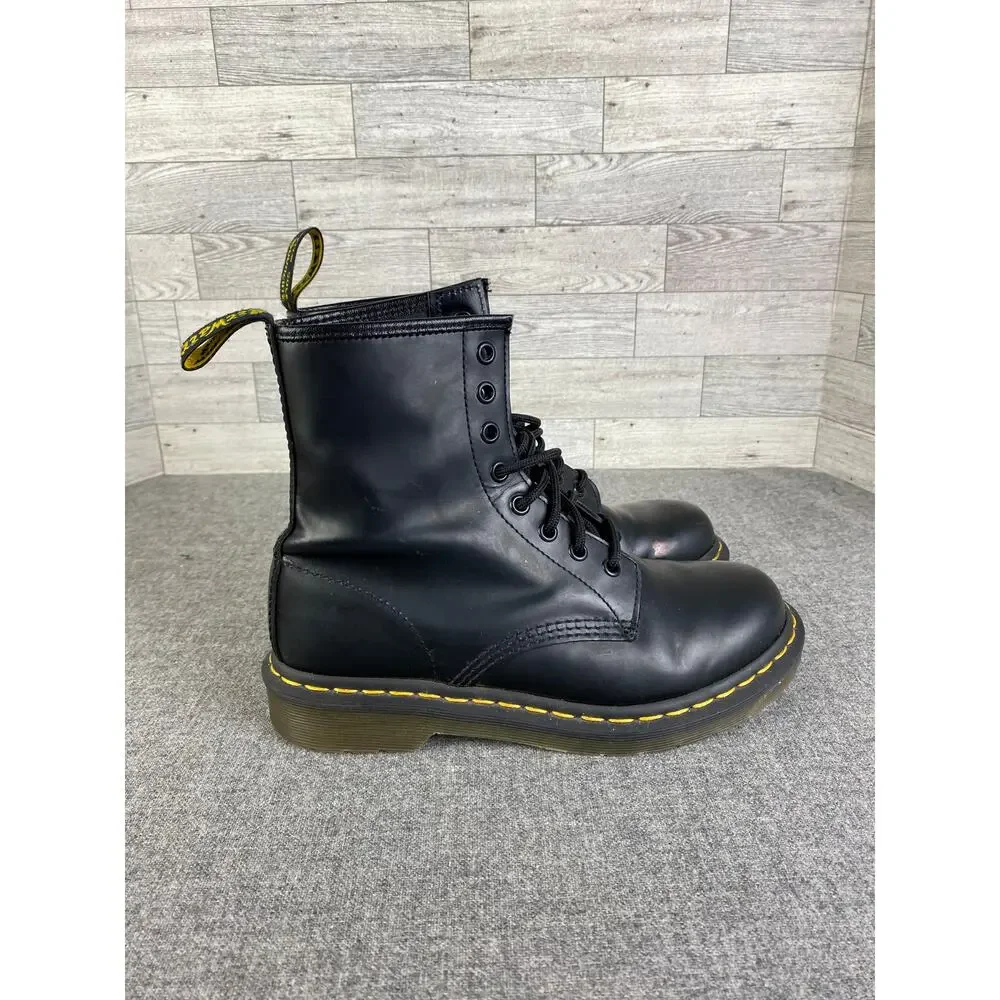 DR MARTENS 1460 Black Smooth Leather Lace Up Boots 7 Yellow Welt Stiched - Picture 3 of 8